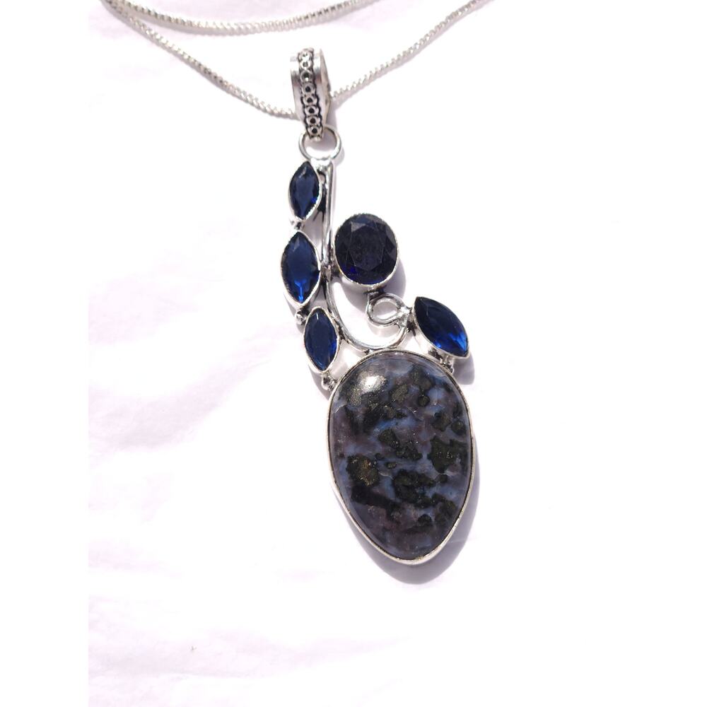 Sodalite & Sapphire Pendant Necklace – Sterling Silver, 20" Chain